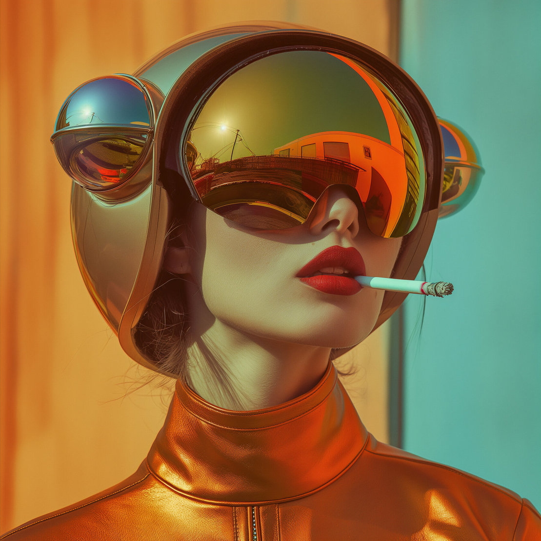 a fashion photo model smoking about big futuristic retro sunglasses, high neck leather top, shiny plastic helmet, minimalistic bauhaus style in wes anderson colors orange, gold blue green, spherical sculptures, futuristic glam, 8k photo, sharp, hiper realism Job ID: 04eb39f6-19bf-4a4d-9be4-3a4cb0348d5a