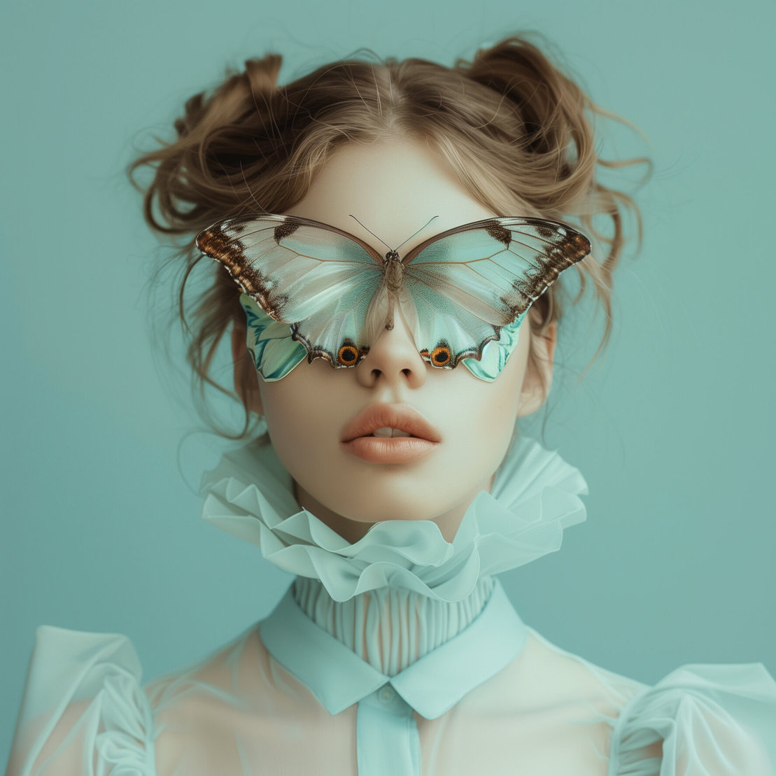 a young woman with a butterfly on one of her eyes, in the style of light cyan and beige, surrealist anatomy, bess hamiti, detailed attention to costume and fashion, symmetrical compositions, best hasselblad camerawith zeiss lenses, petrina hicks, ekaterina panikanova, flora borsi . extravagant Job ID: d1658781-7fec-446b-bf8f-41558034ccaf
