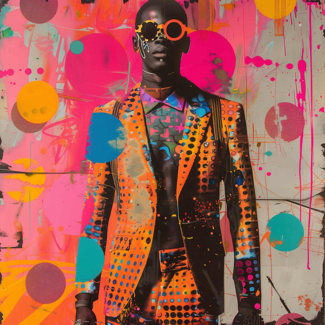 6w Geometric art collage fashion photoshoot of a man with graffiti , format 21 x 9 , extravagant colors and dots Job ID: bfbf9cab-9348-4e79-84cd-77438336bf6c